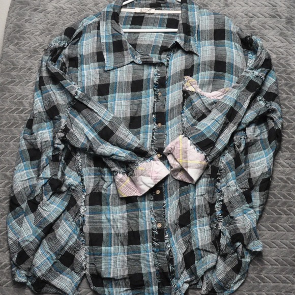 Free People Tops - Free People Plaid‎ Button Down Shirt LARGE Blue Distressed Deconstructed (1768)